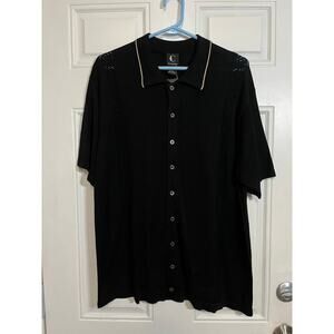 Black Silk Knit Button Up Shirt Minimal Luxe Evening Wear Mens L Mesh Panel NEW